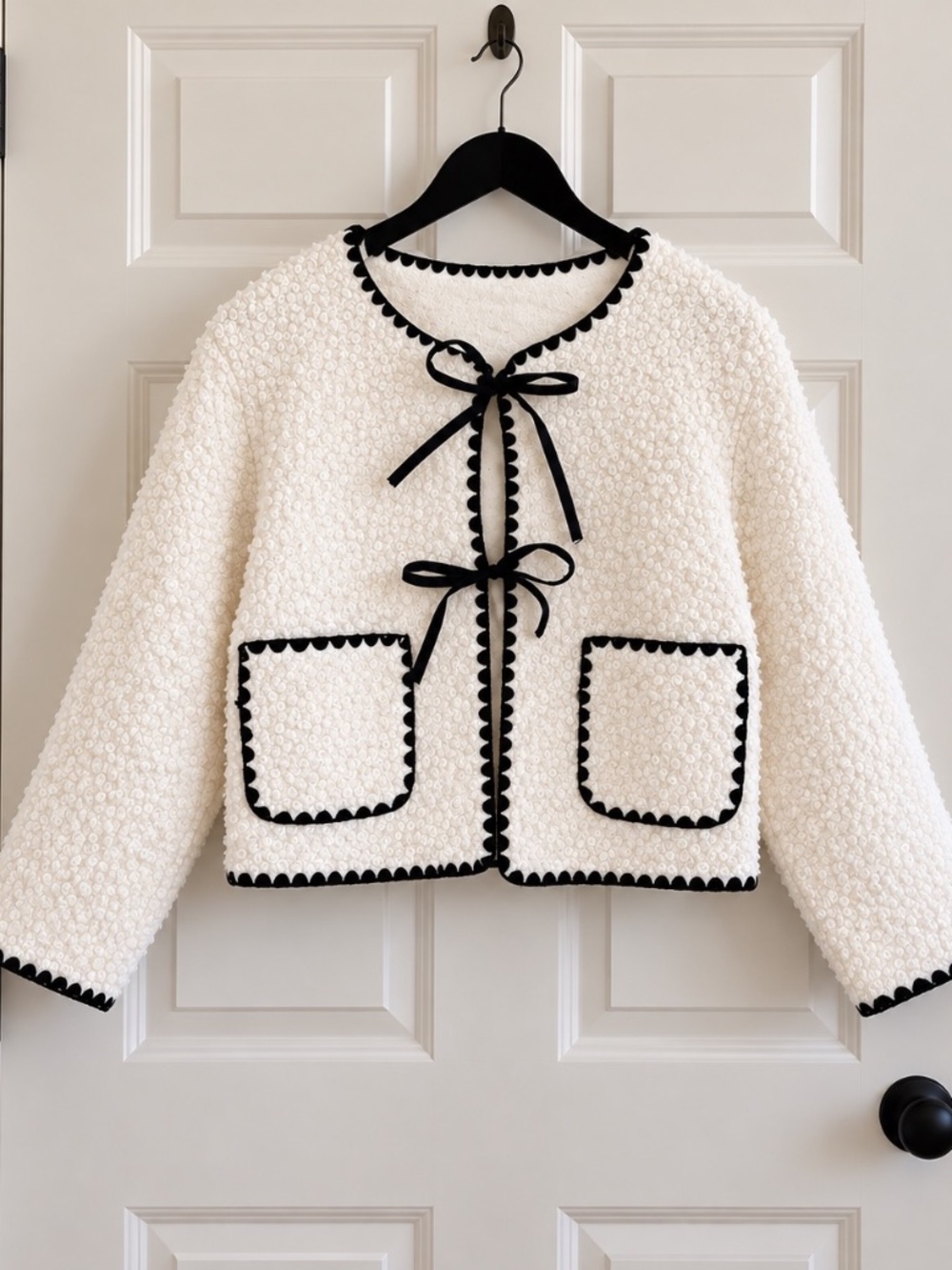 SHEIN Cream Bouclé Bow Tie Cardigan Jacket Black Trim Size S